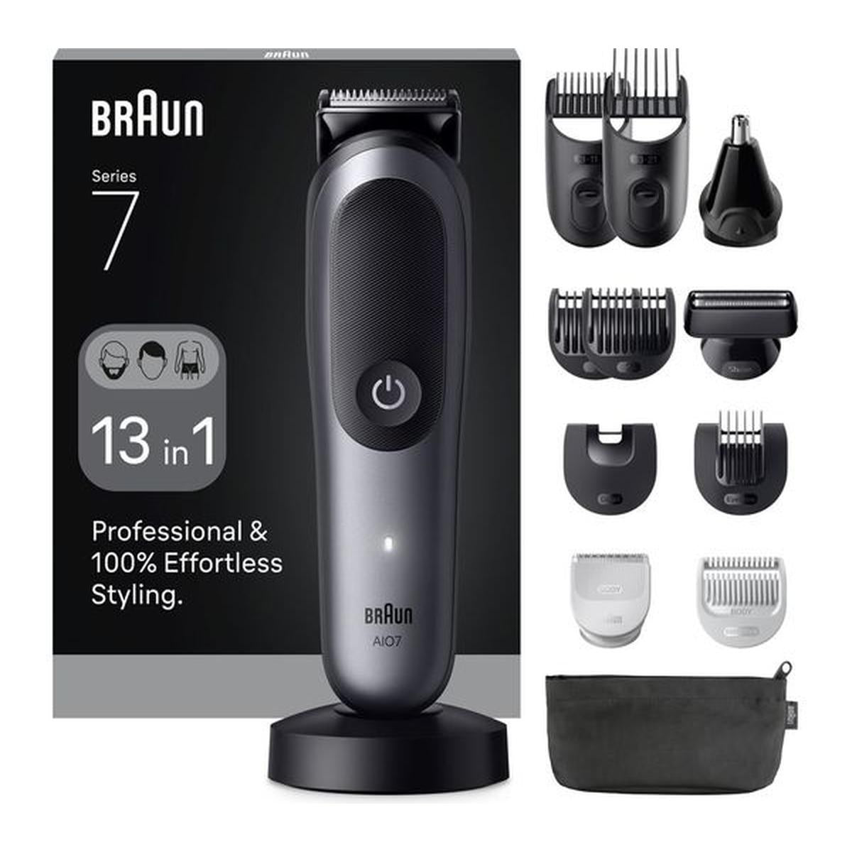 Grey Braun Series 7 13-in-1 multi groomer with charging stand, various attachment heads, combs, and a storage pouch.