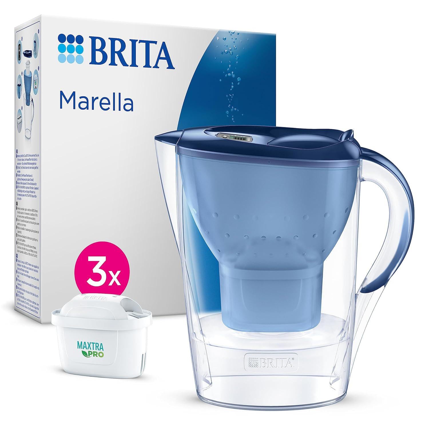 Brita Marella MAXTRA Pro Water Filter Jug - MicroFlow Technology - 2.4L, Blue with 3 Cartridge Refills