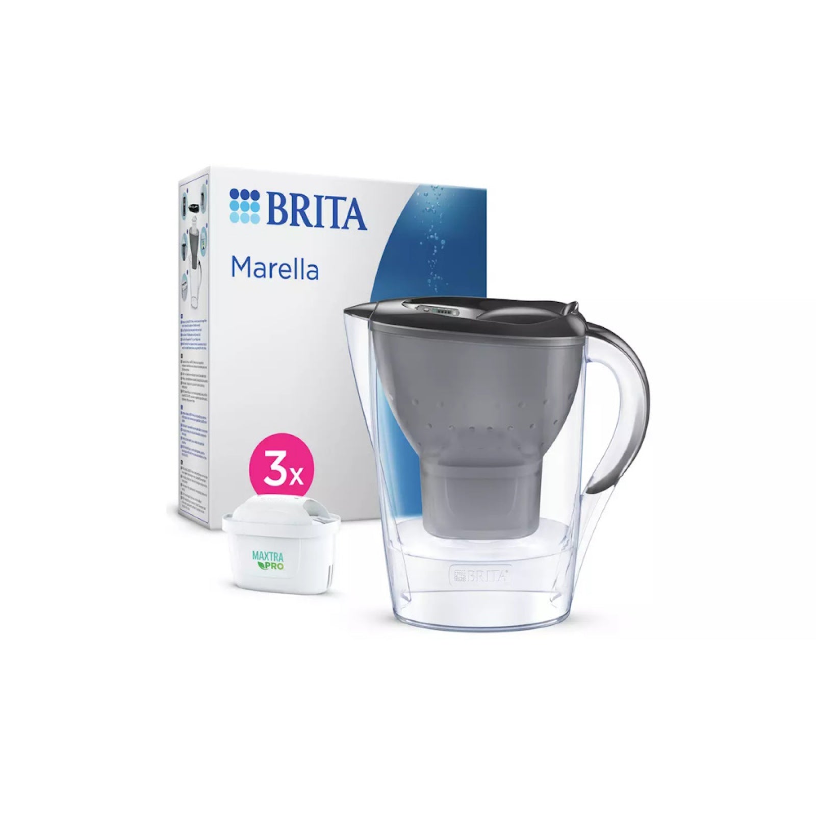 Brita Marella MAXTRA Pro Water Filter Jug - MicroFlow Technology - 2.4L, Graphite with 3 Cartridge Refills