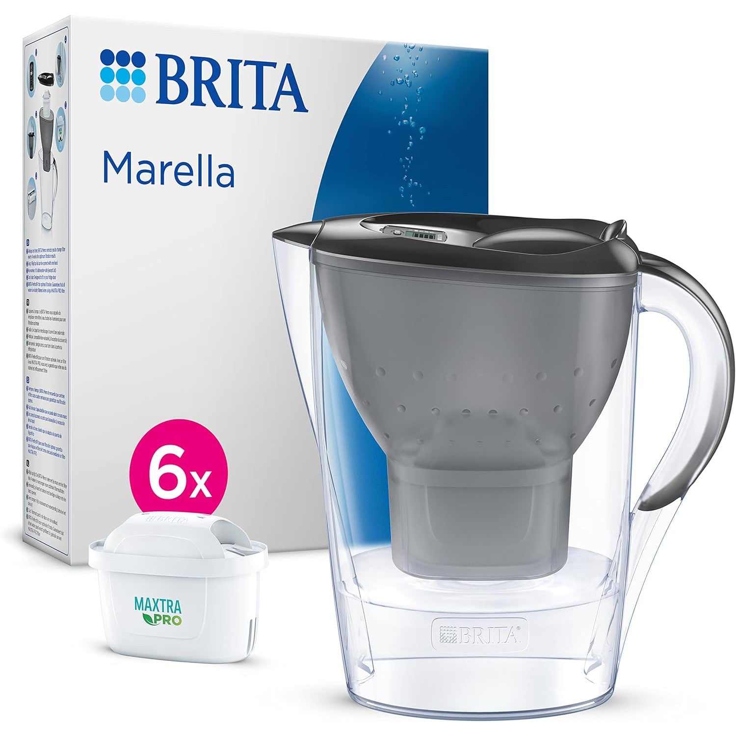 Brita Marella MAXTRA Pro Water Filter Jug - MicroFlow Technology - 2.4L, Graphite with 6 Cartridge Refills