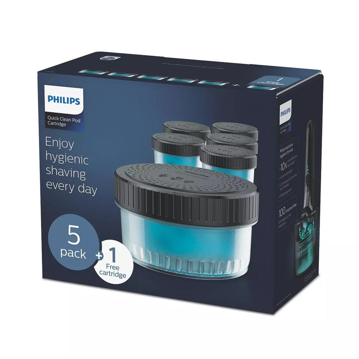 Philips Quick Clean Pod 6-pack cleaning cartridges in a blue and black box with a clear plastic container and black lid.