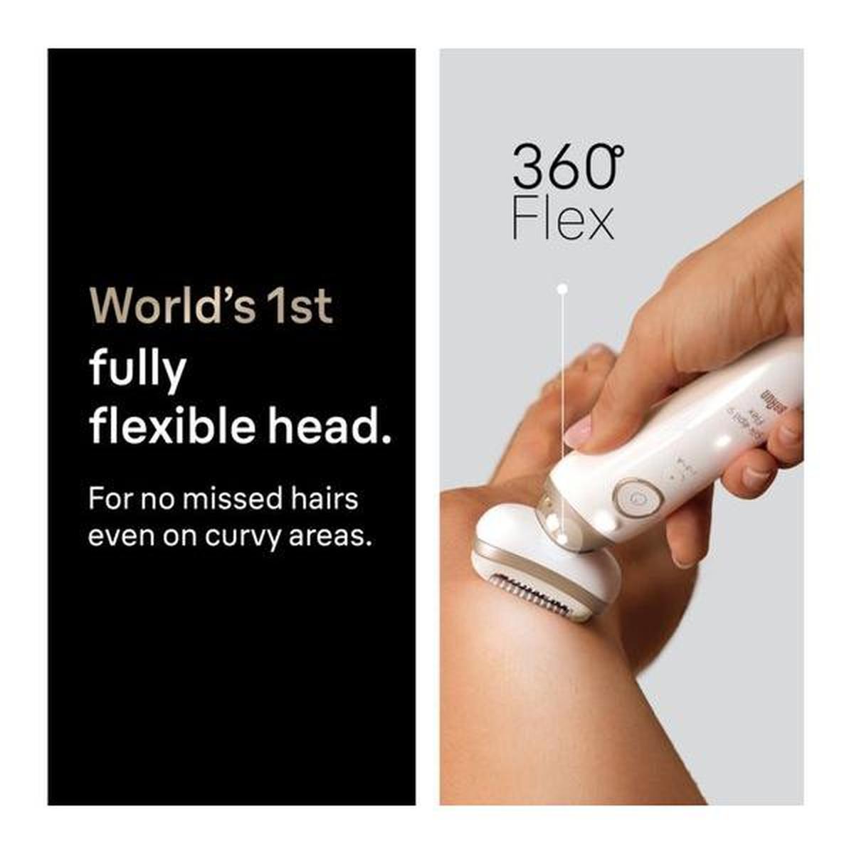 Gold and white Braun Silk-épil 9 Flex epilator with a 360-degree flexible head being used on a leg.