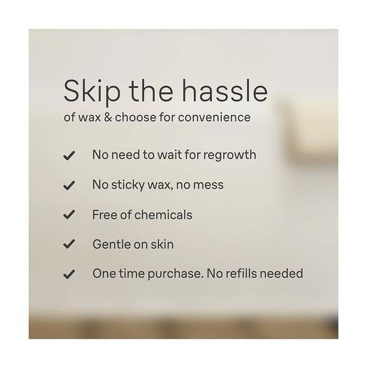 Infographic listing benefits of Braun Silk-épil epilator, highlighting convenience, chemical-free use, and no need for wax refills.