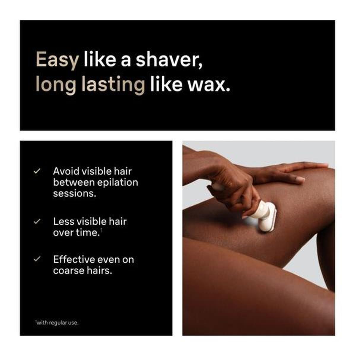 Gold Braun Silk-épil 9 Flex epilator being used on a leg, with text highlighting long-lasting hair removal benefits.