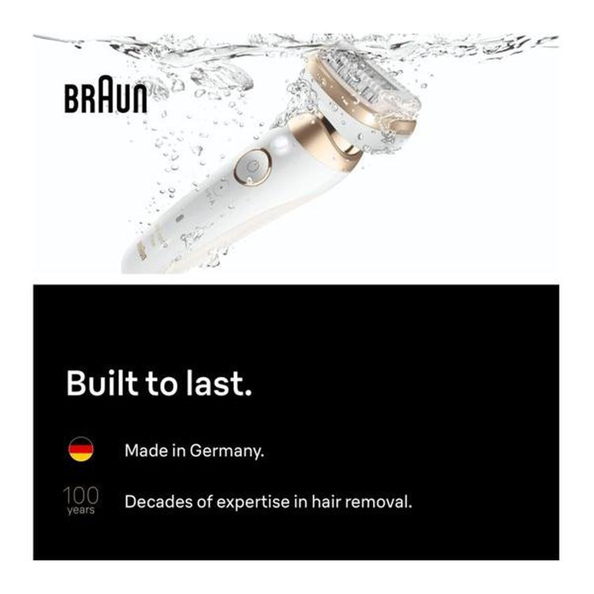 Gold and white Braun Silk-épil 9 Flex wet and dry epilator with a flexible head, shown splashing in water.