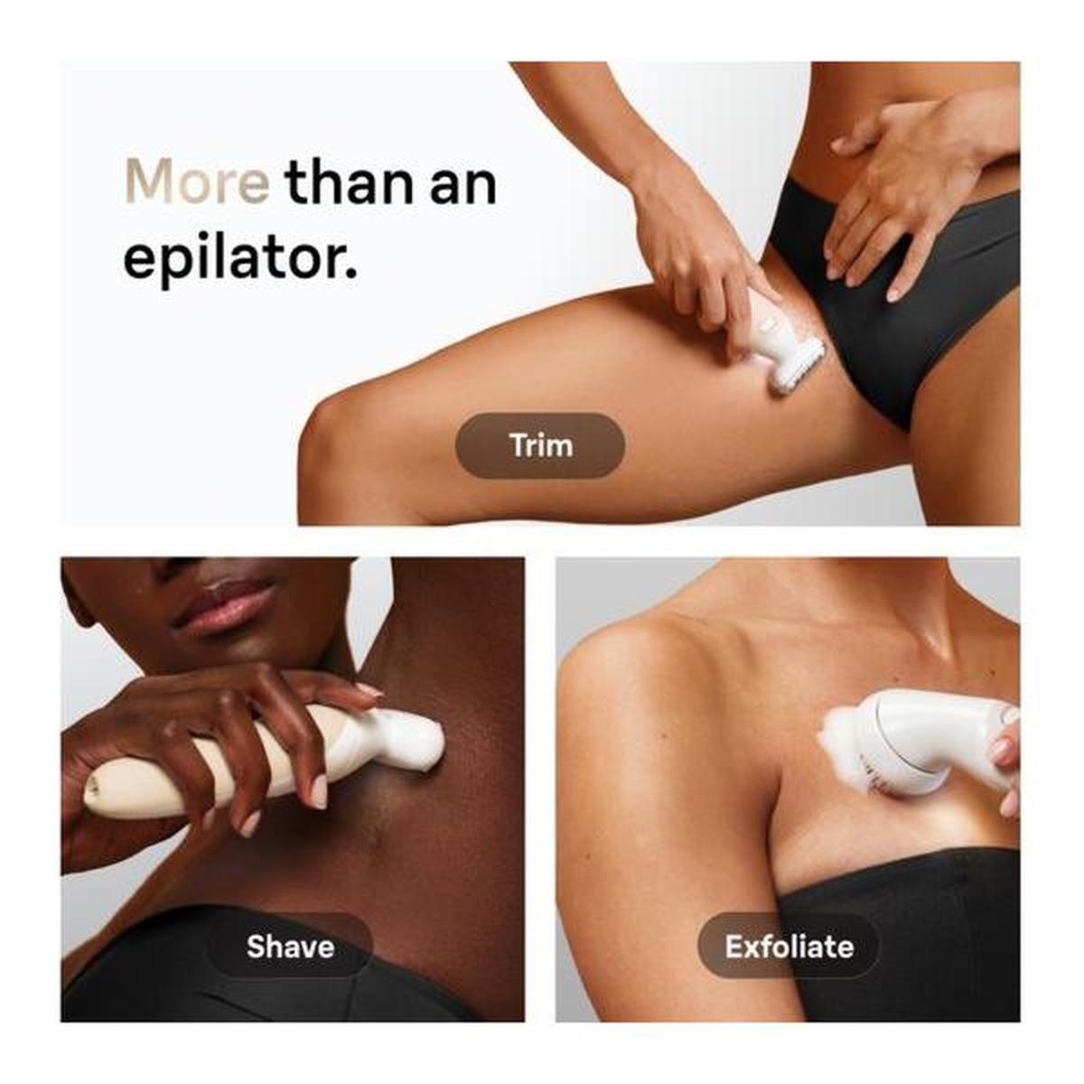 Braun Silk-épil 9 Flex gold epilator showing trimming, shaving, and exfoliating attachments on skin.