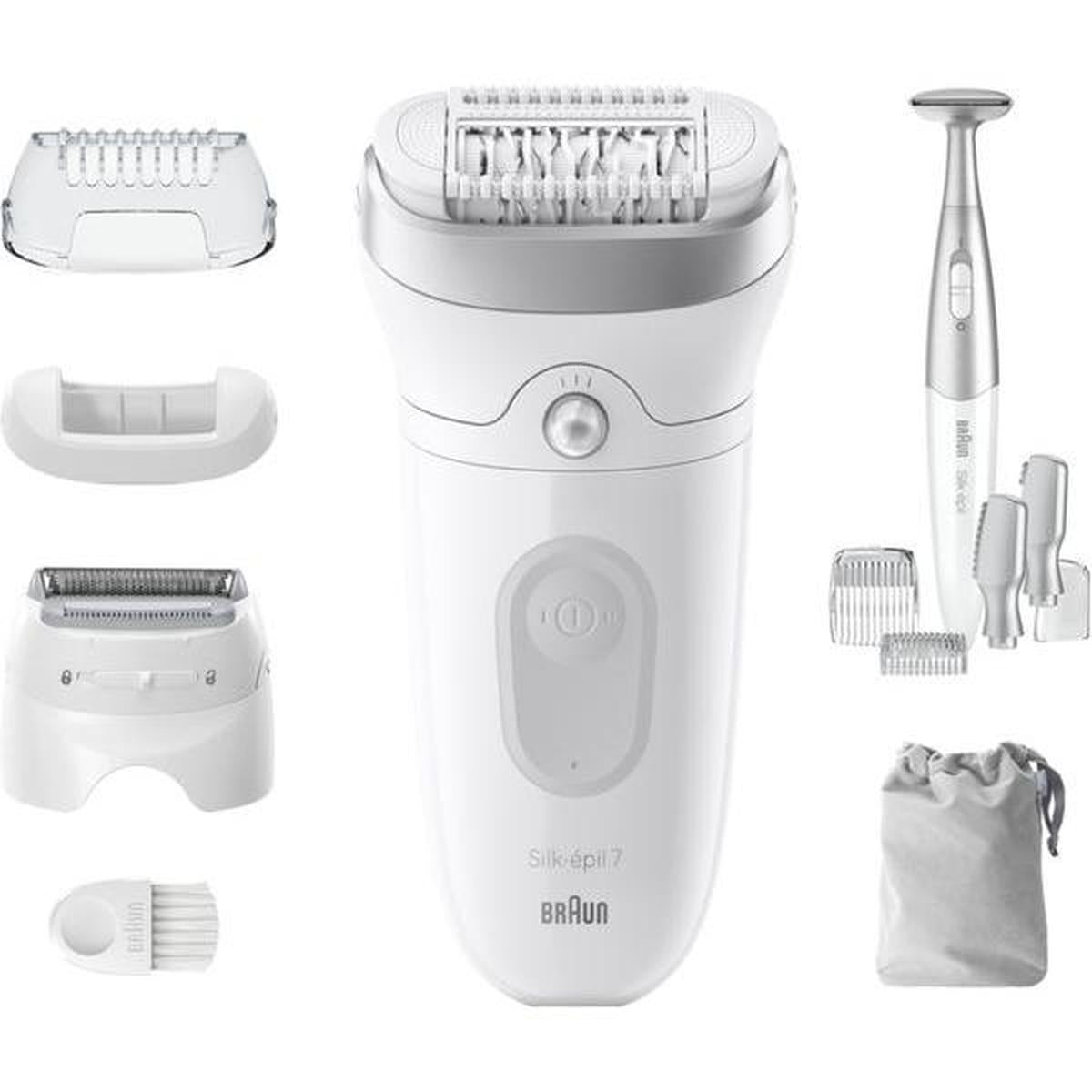 Braun Silk-épil 7 wet and dry epilator in white and grey with eight attachments, bikini trimmer, and storage pouch.