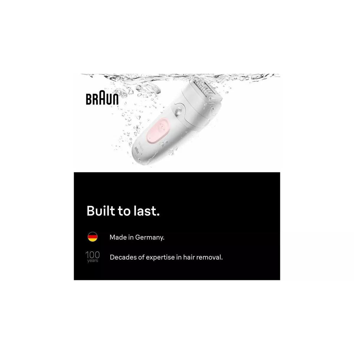 Flamingo pink and white Braun Silk-épil 5 wet and dry cordless epilator splashing in water with German engineering text.