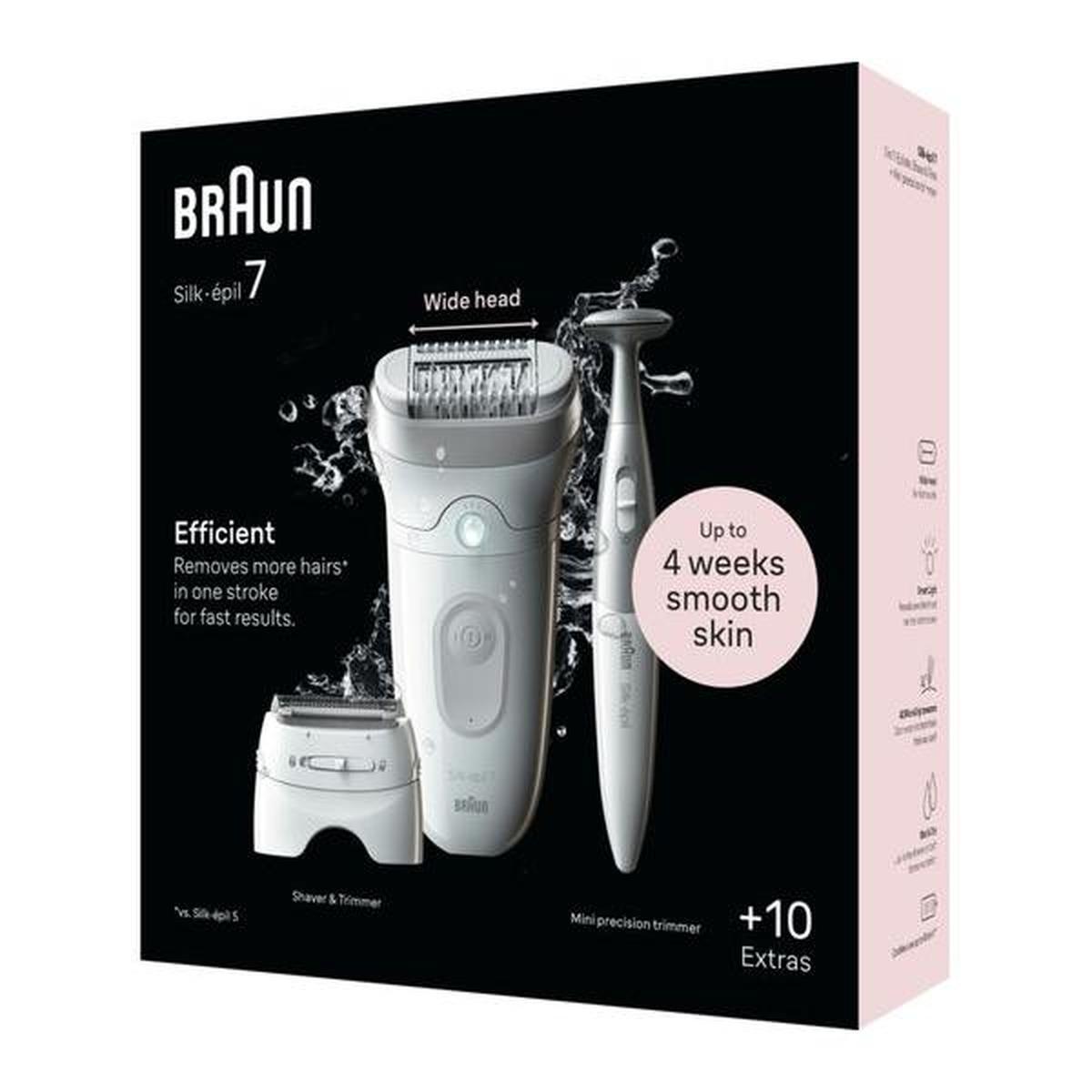 Braun Silk-épil 7 wet and dry epilator in grey, featuring a wide head, shaver attachment, and mini precision trimmer.