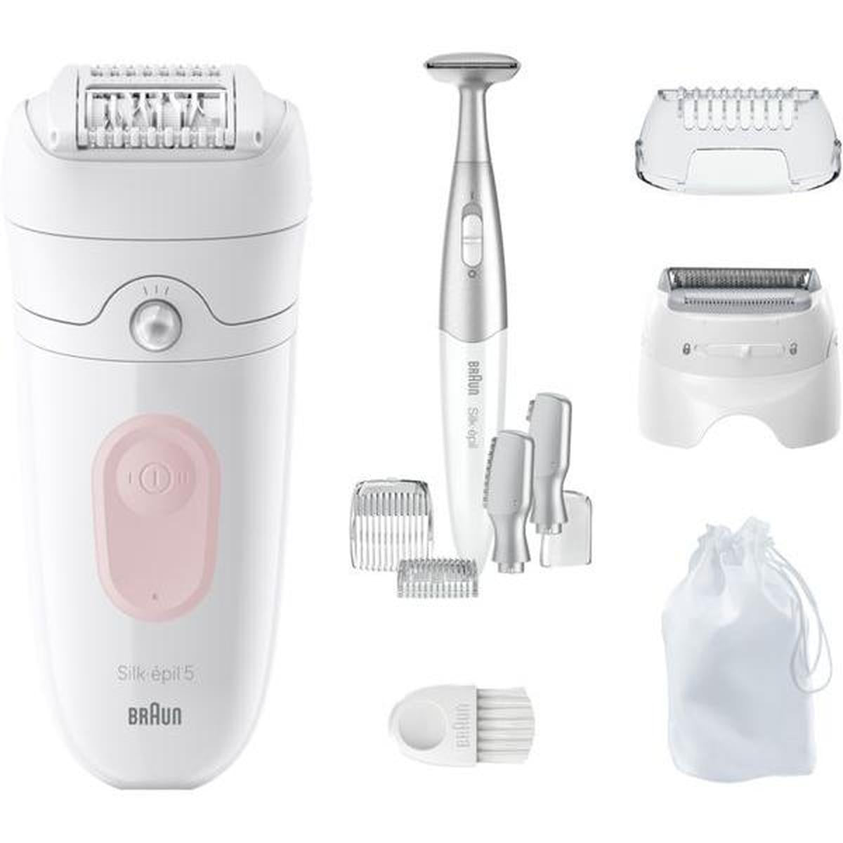 Braun Silk-épil 5 white and flamingo epilator set with shaver head, trimmer attachments, cleaning brush, and storage pouch.