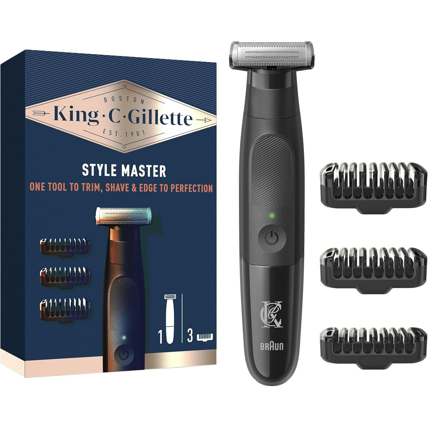 King C. Gillette Style Master, Beard Trimmer, Stubble Trimmer & Electric Shaver with One 4D Blade, Electric Razor for Men with 3 Comb Attachments