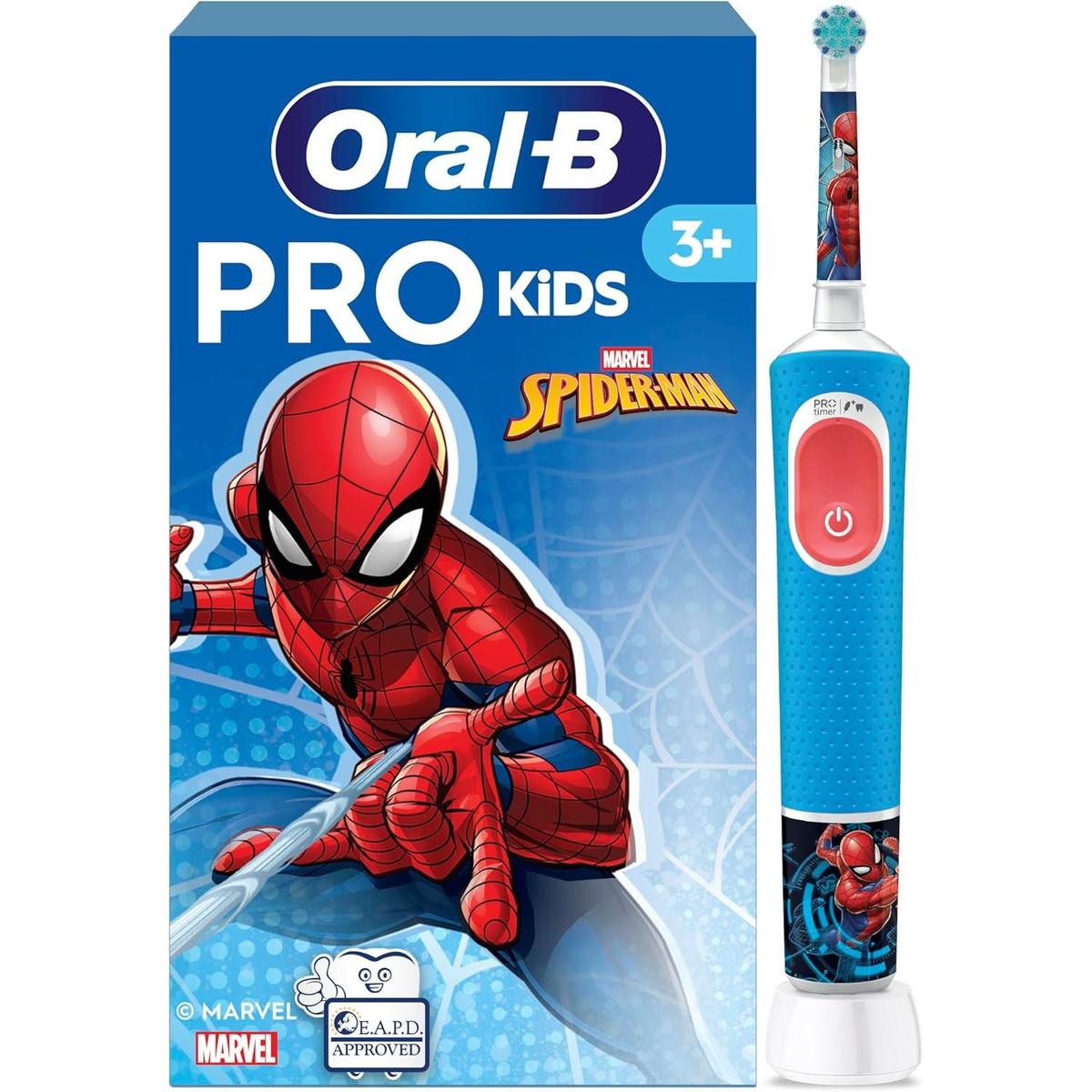 Oral-B Pro Kids electric toothbrush with blue Spider-Man handle, round brush head, and matching Marvel-themed packaging.