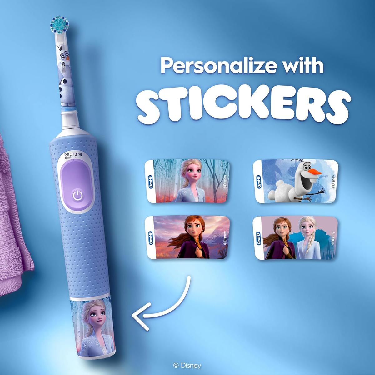 Oral-B Pro Kids electric toothbrush in purple with Frozen stickers and four interchangeable character decals.