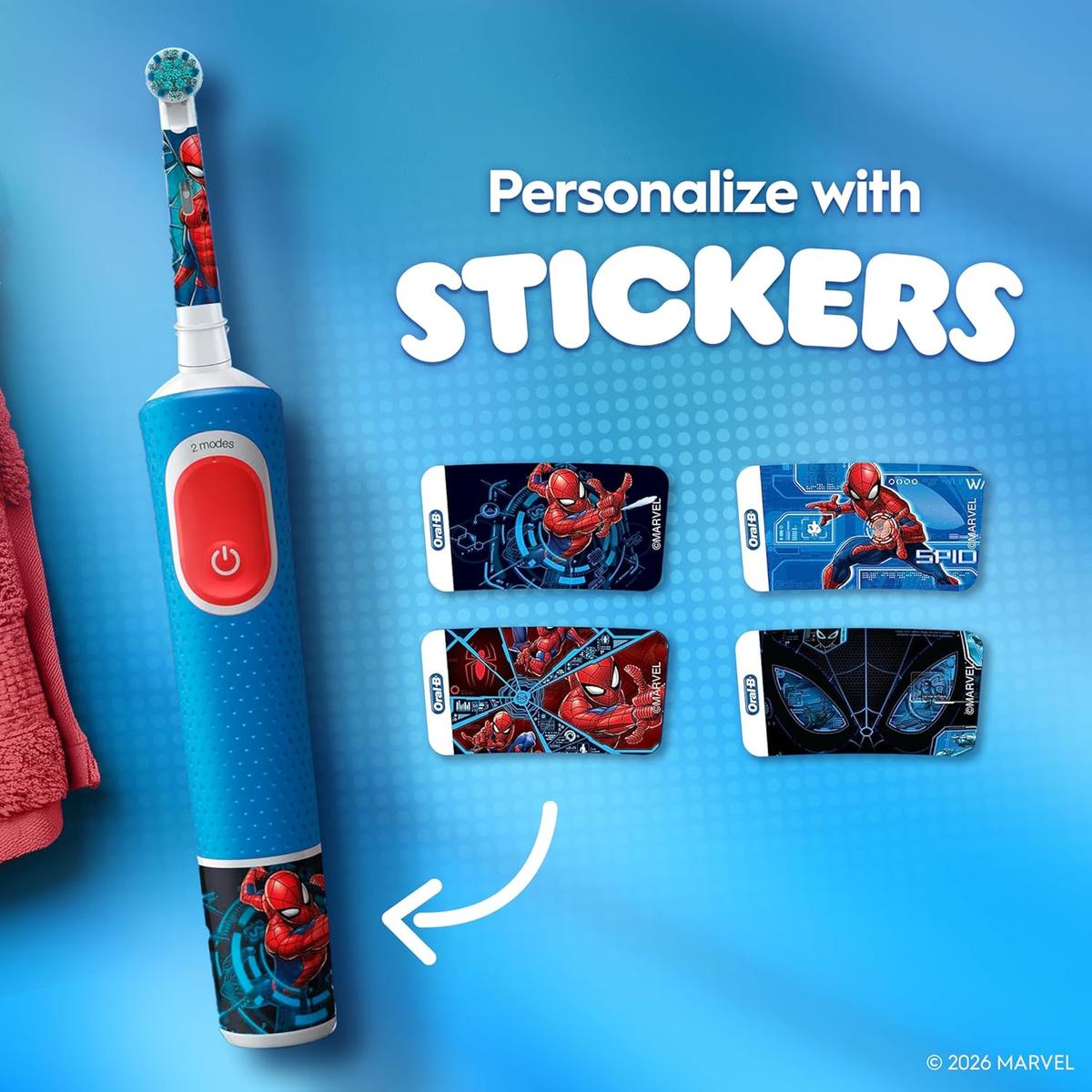 Blue Oral-B Pro Kids electric toothbrush with Spider-Man stickers and four interchangeable character decals.