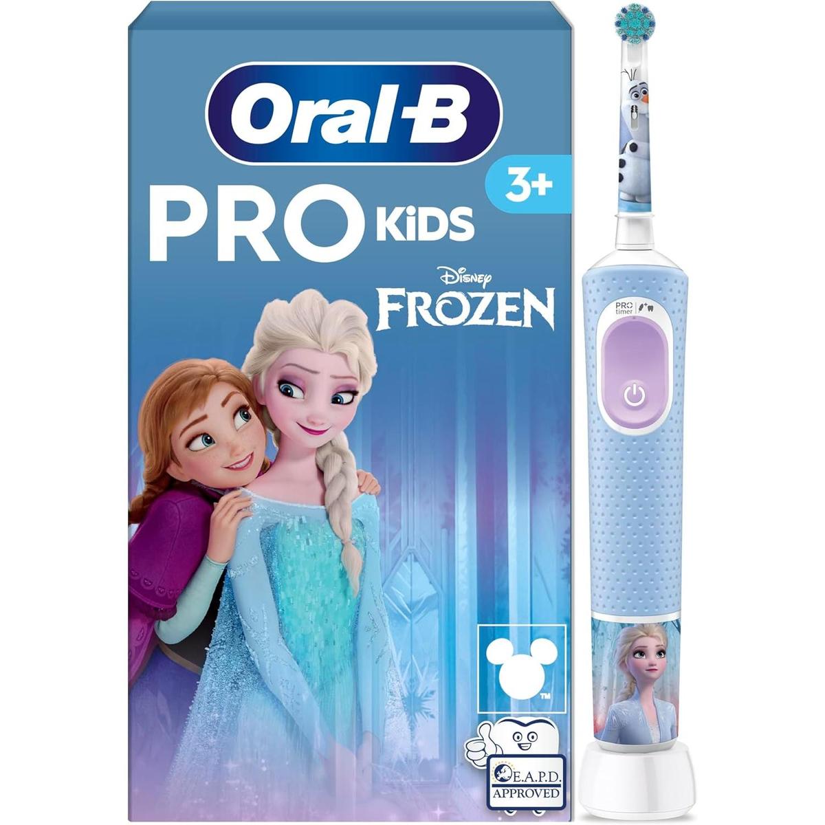 Oral-B Pro Kids Frozen electric toothbrush with a blue handle, round brush head, and Disney character stickers in packaging.