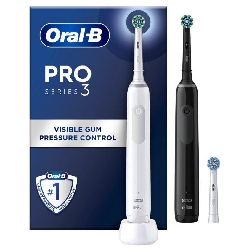 Oral-B Pro 3 - 3900 - Set of 2 Electric Toothbrushes White & Black, 2 Handles with Visible Pressure Sensor, 2 Toothbrush Heads