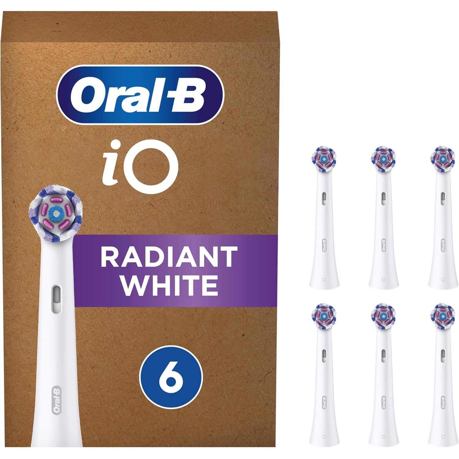 Oral-B iO 6pk Radiant White Replacement Toothbrush Heads, Angled Bristles Deeper Plaque Removal, with Polishing Petals for Teeth Whitening