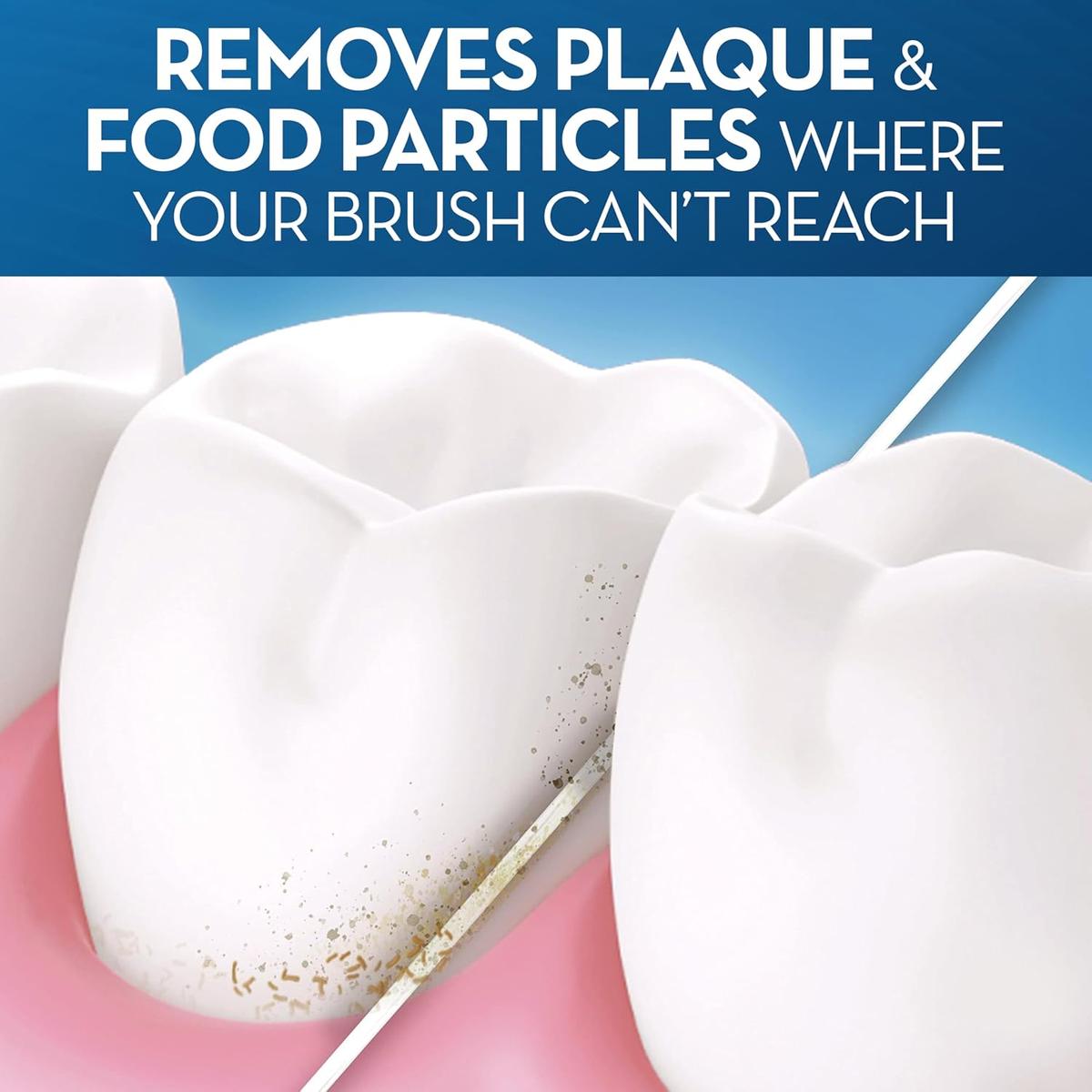 Oral-B dental floss cleaning plaque and food particles from between white teeth and pink gums on a blue background.