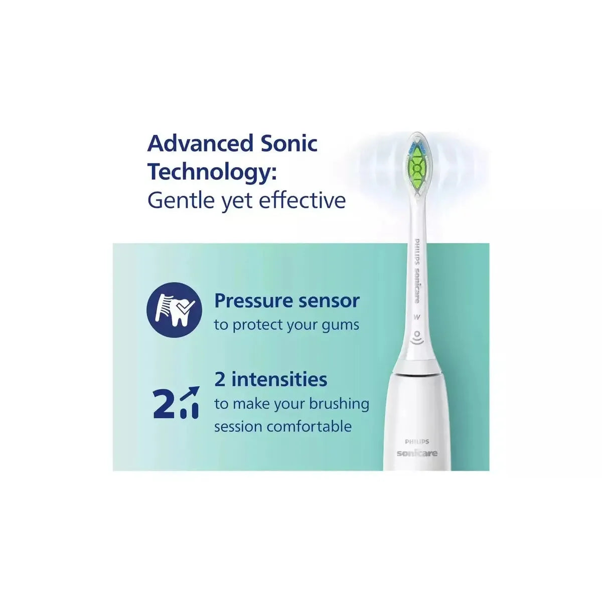 White Philips Sonicare 4100 electric toothbrush showing sonic vibrations, pressure sensor, and two intensity settings.