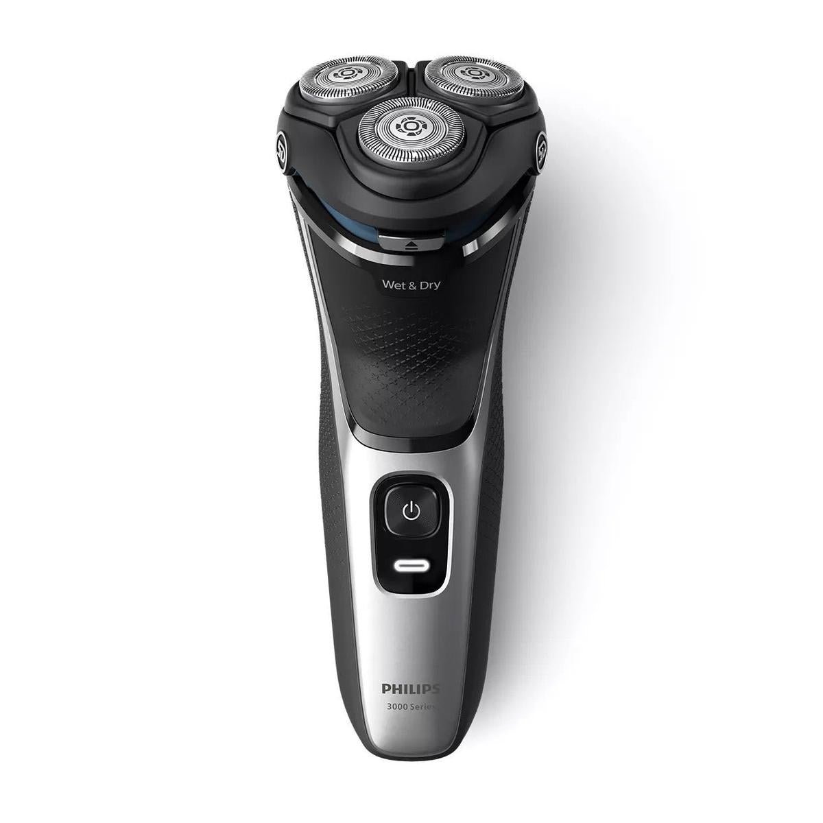Philips 3000 Series black and silver electric shaver with 5D pivoting heads and a power button on a textured ergonomic handle.
