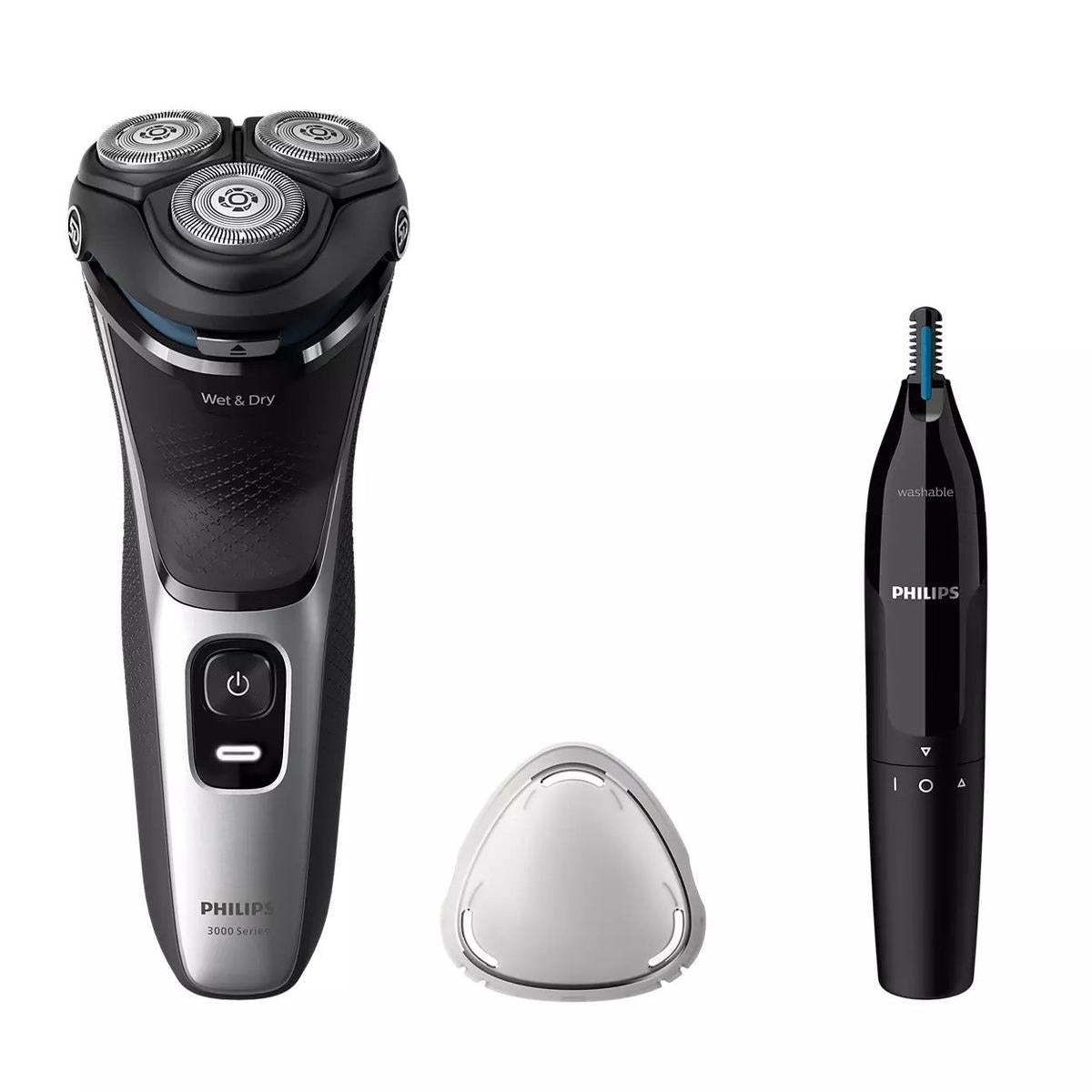 Black Philips 3000 Series wet and dry electric shaver with 5D flex heads, protective cap, and a matching nose trimmer.