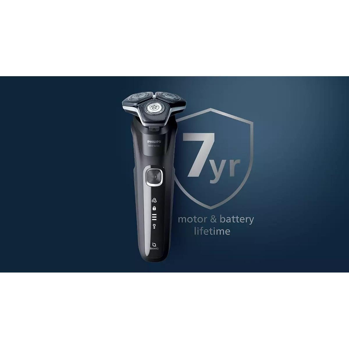 Black Philips Series 5000 electric shaver with 360-degree flexing heads and 7-year motor and battery lifetime graphic.