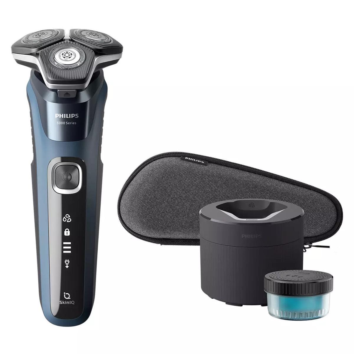 Philips Series 5000 electric shaver in blue with 360-degree heads, Quick Clean pod, and a grey travel pouch.