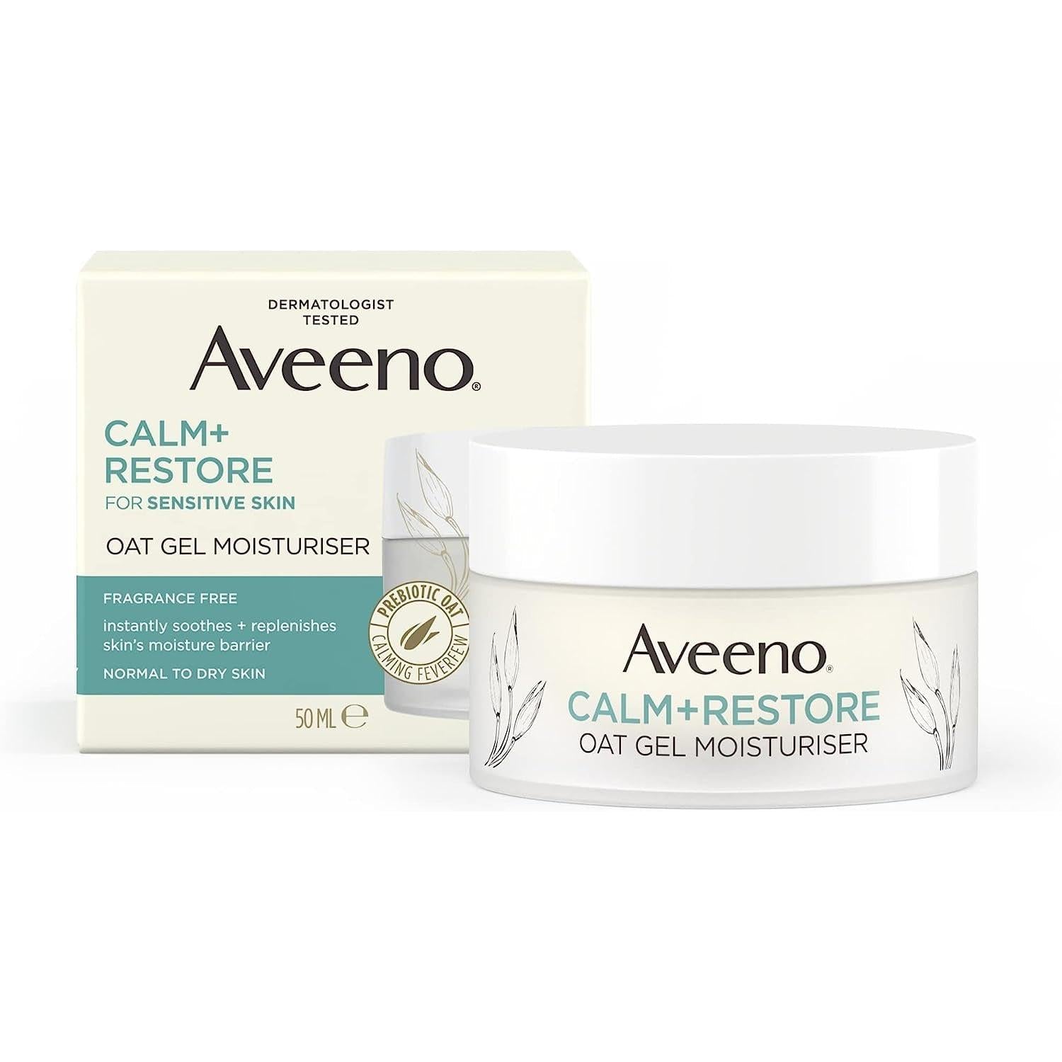 Aveeno Face Calm+Restore Oat Gel Moisturiser, 24-Hour Moisturisation, Fragrance Free, 50ml
