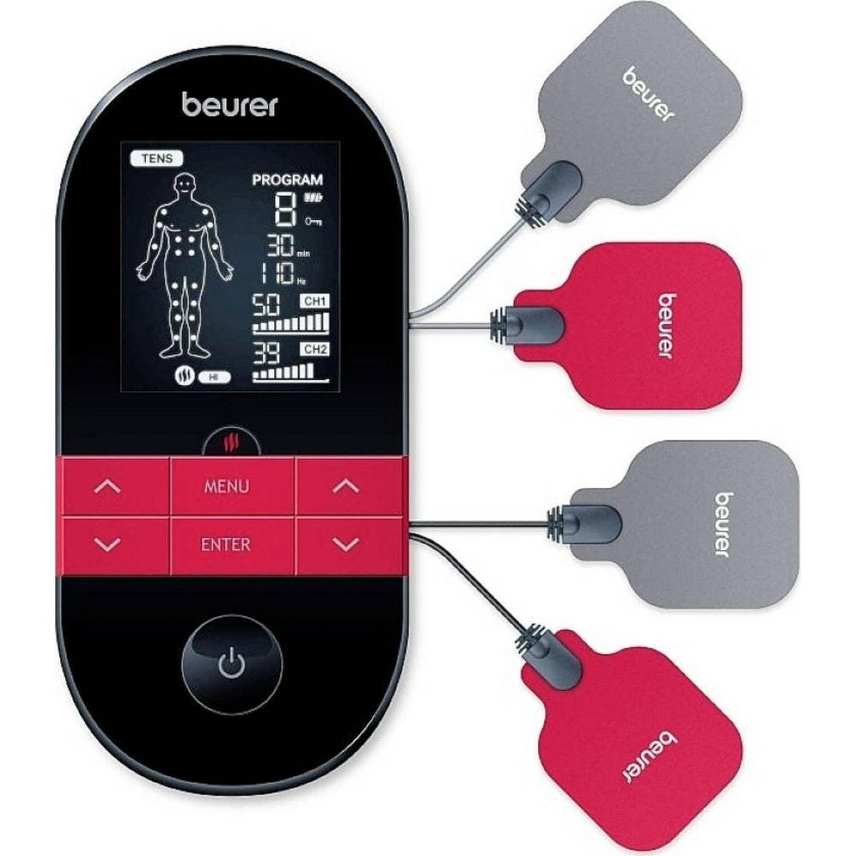Beurer EM59 TENS/EMS device with black digital display, red control buttons, and four connected electrode pads.