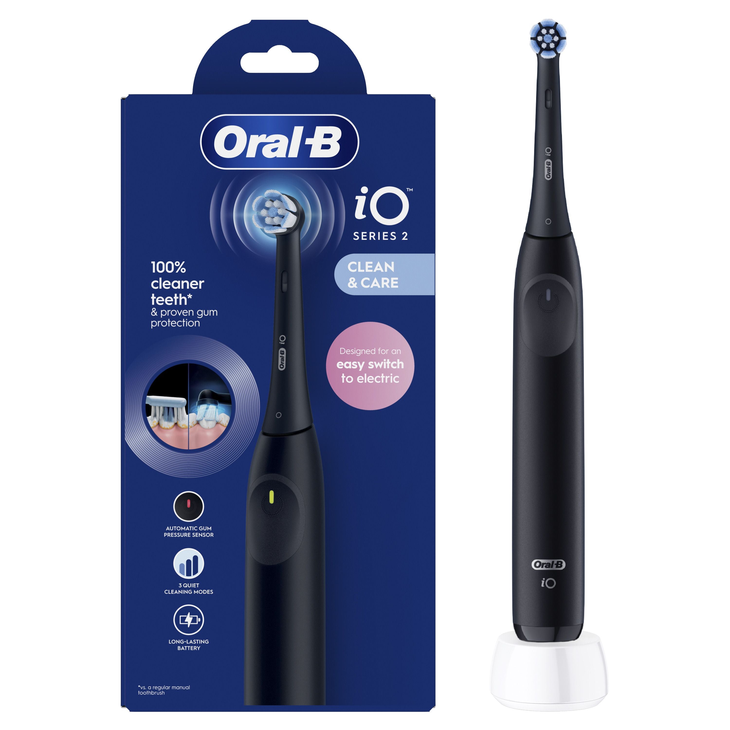 Oral-B iO2 Night Black Electric Toothbrush, 1 Toothbrush Head, Designed by Braun