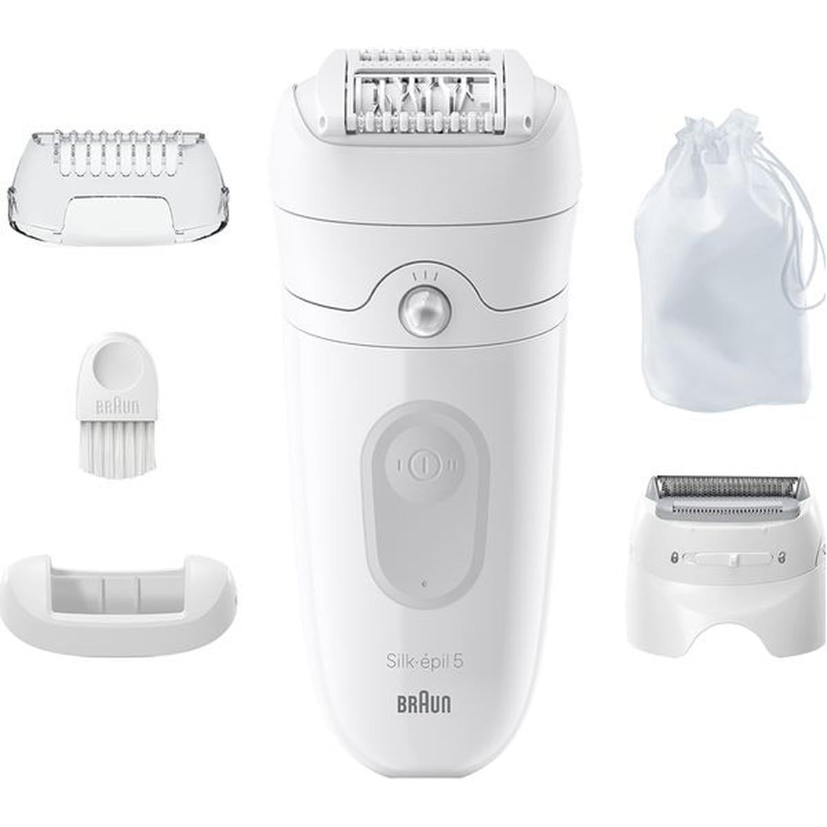 White Braun Silk-épil 5 wet and dry epilator set with massage cap, shaver head, cleaning brush, and storage pouch.