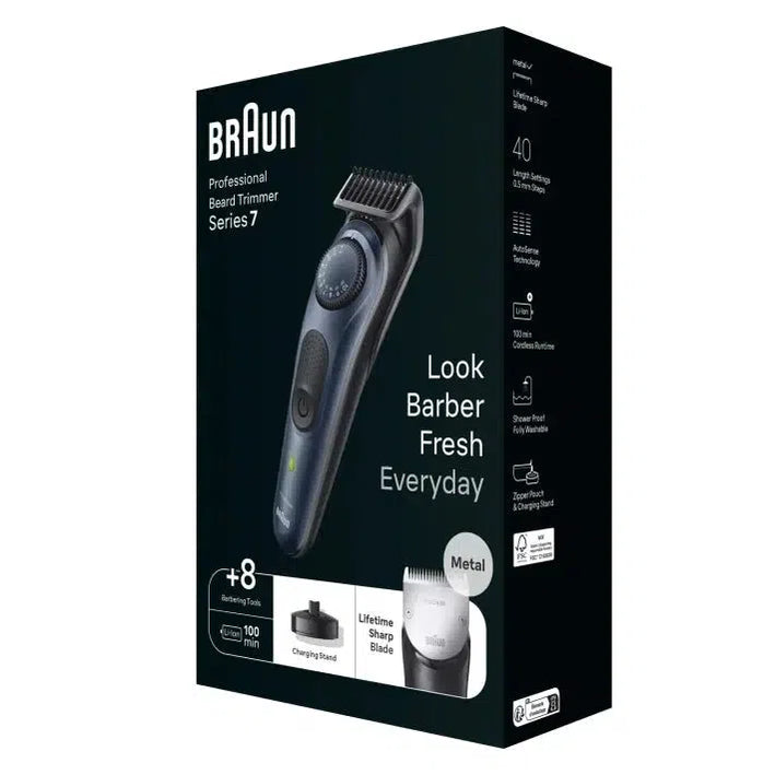 Braun Pro Beard Trimmer 7 BT7421 With ProBlade, Precision Wheel, 8 barbering tools, 100min runtime, blue