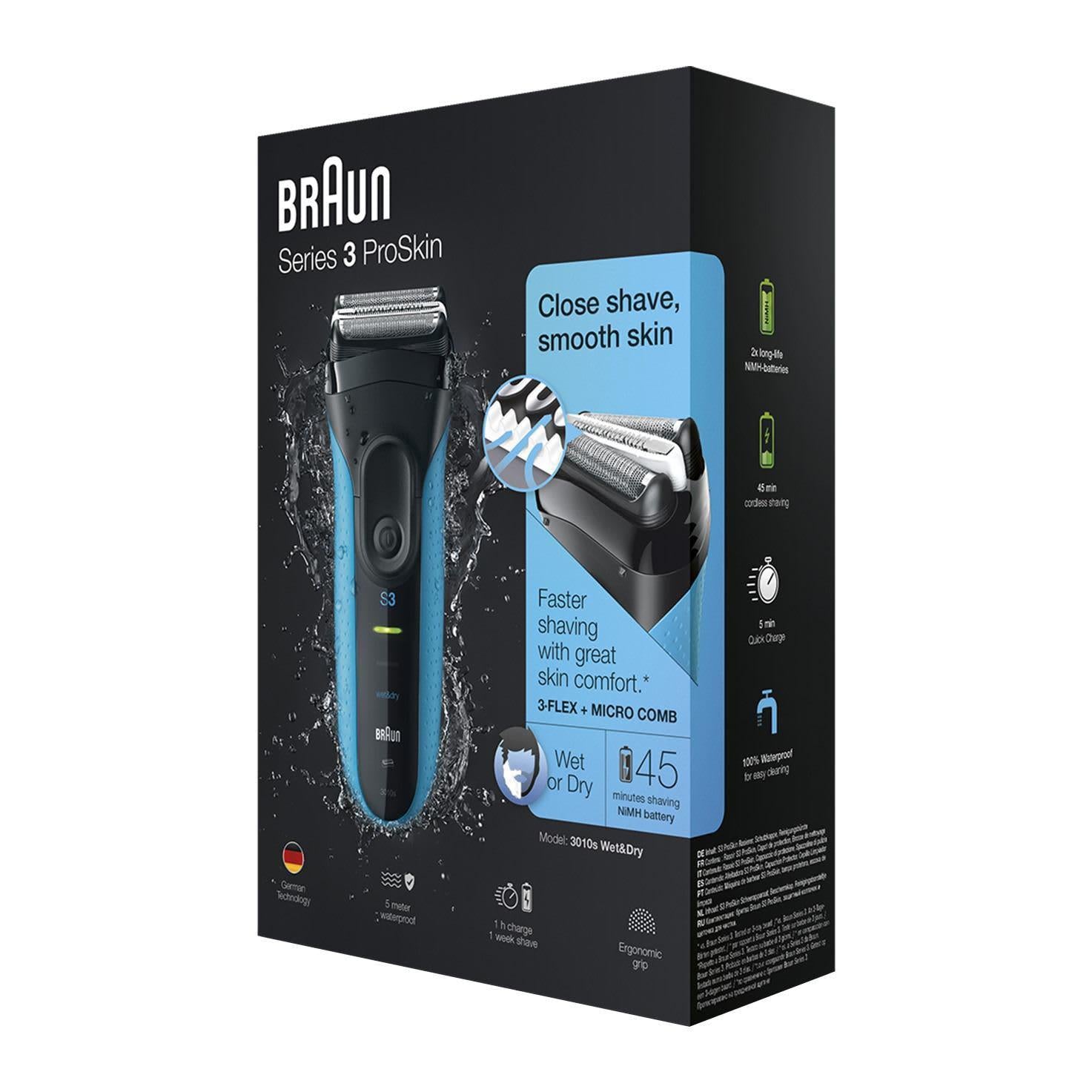 Braun Men's Series 3 ProSkin 3010s Wet and Dry Electric Shaver - Black/Blue - Healthxpress.ie