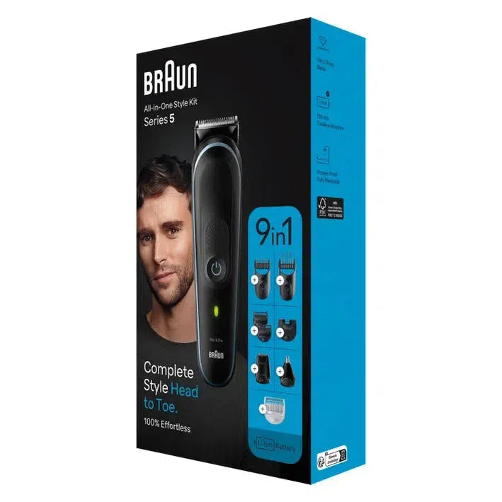Braun 9-in-1 Style Kit Series 5 MGK5411 Beard, Body, Ear & Nose. With 100-min Runtime + Pouch, Blue