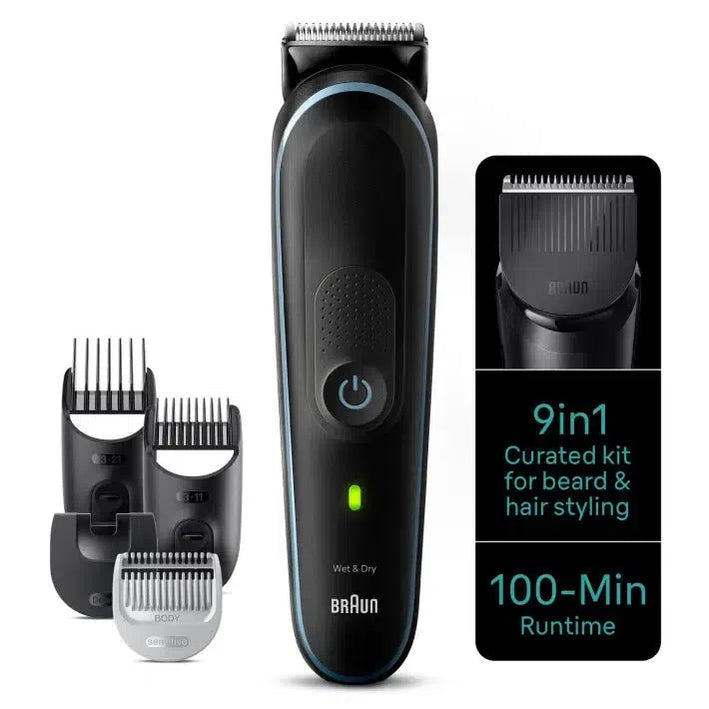 Braun 9-in-1 Style Kit Series 5 MGK5411 Beard, Body, Ear & Nose. With 100-min Runtime + Pouch, Blue