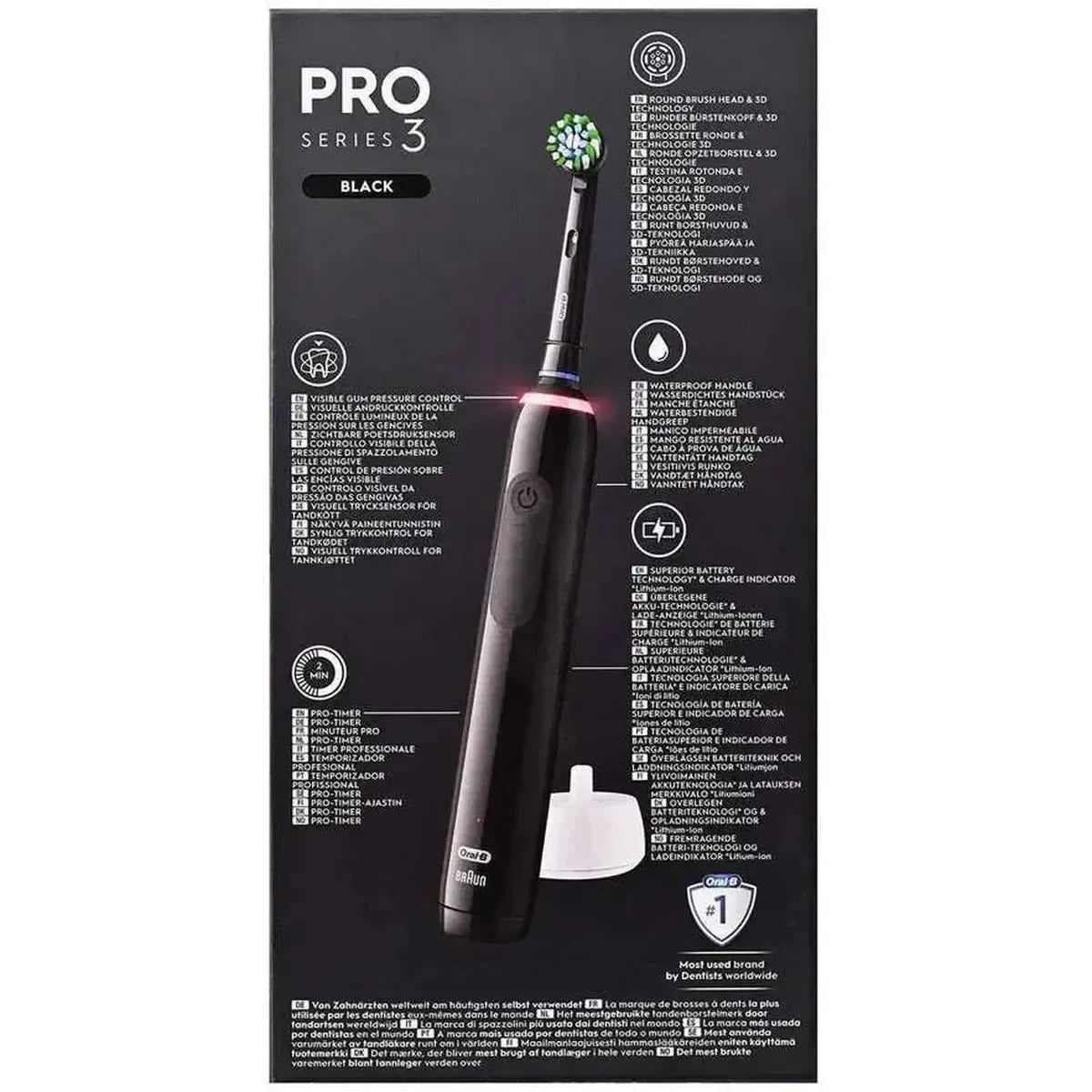 Black Oral-B Pro 3 electric toothbrush with round brush head, pressure sensor light, and charging base on product packaging.