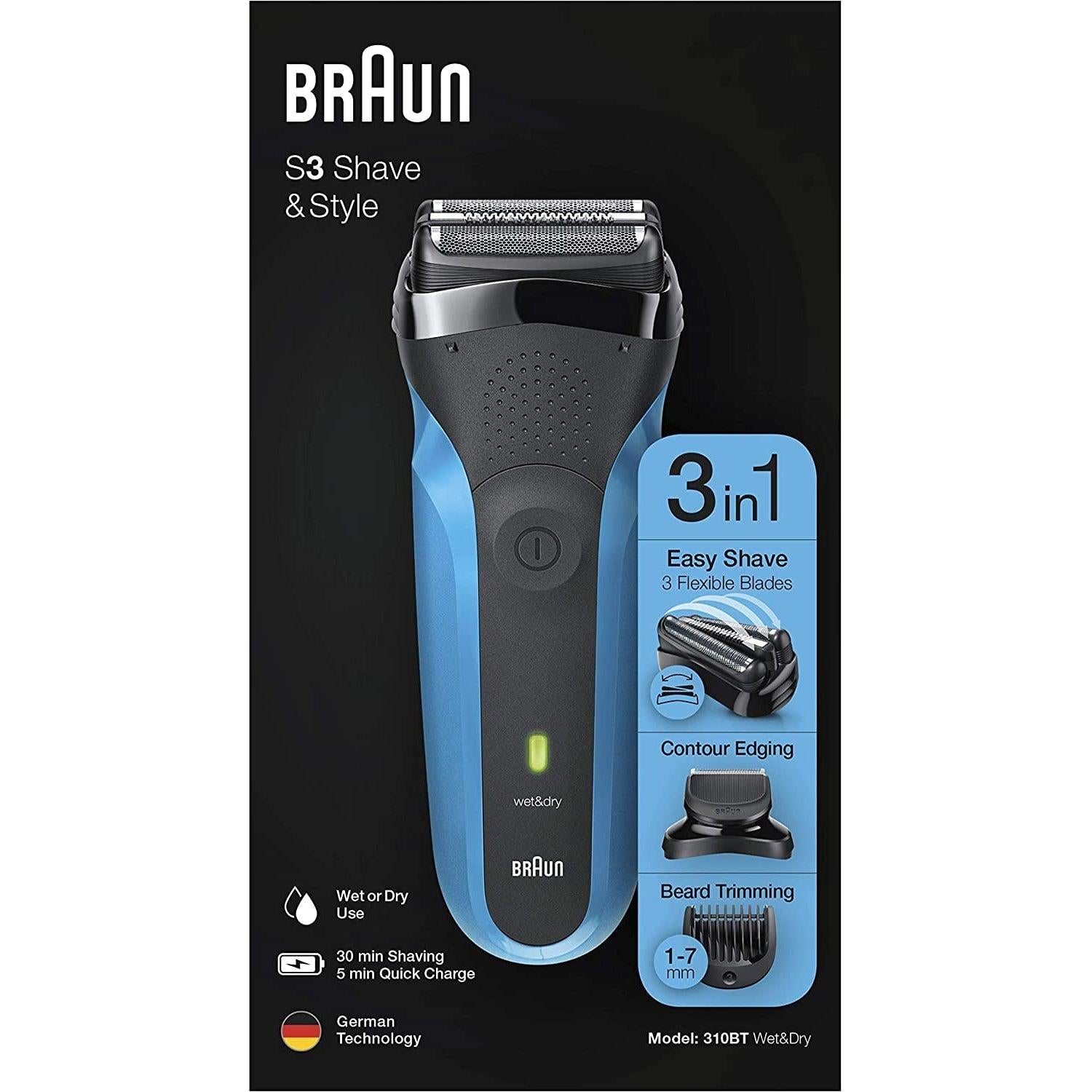 Braun Series 3 310BT - 3-in-1 Electric Shaver, Beard Trimmer with 5 Comb Attachments, Wet & Dry Black/Blue - Healthxpress.ie