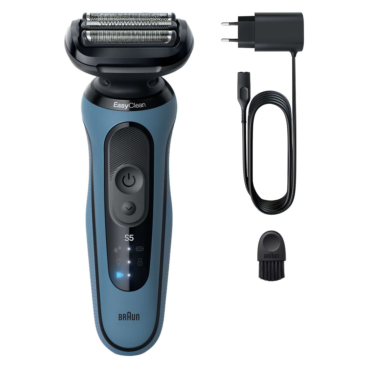 Azure Braun Series 5 electric shaver with 3 Flex blades, power cord, and cleaning brush on a white background.