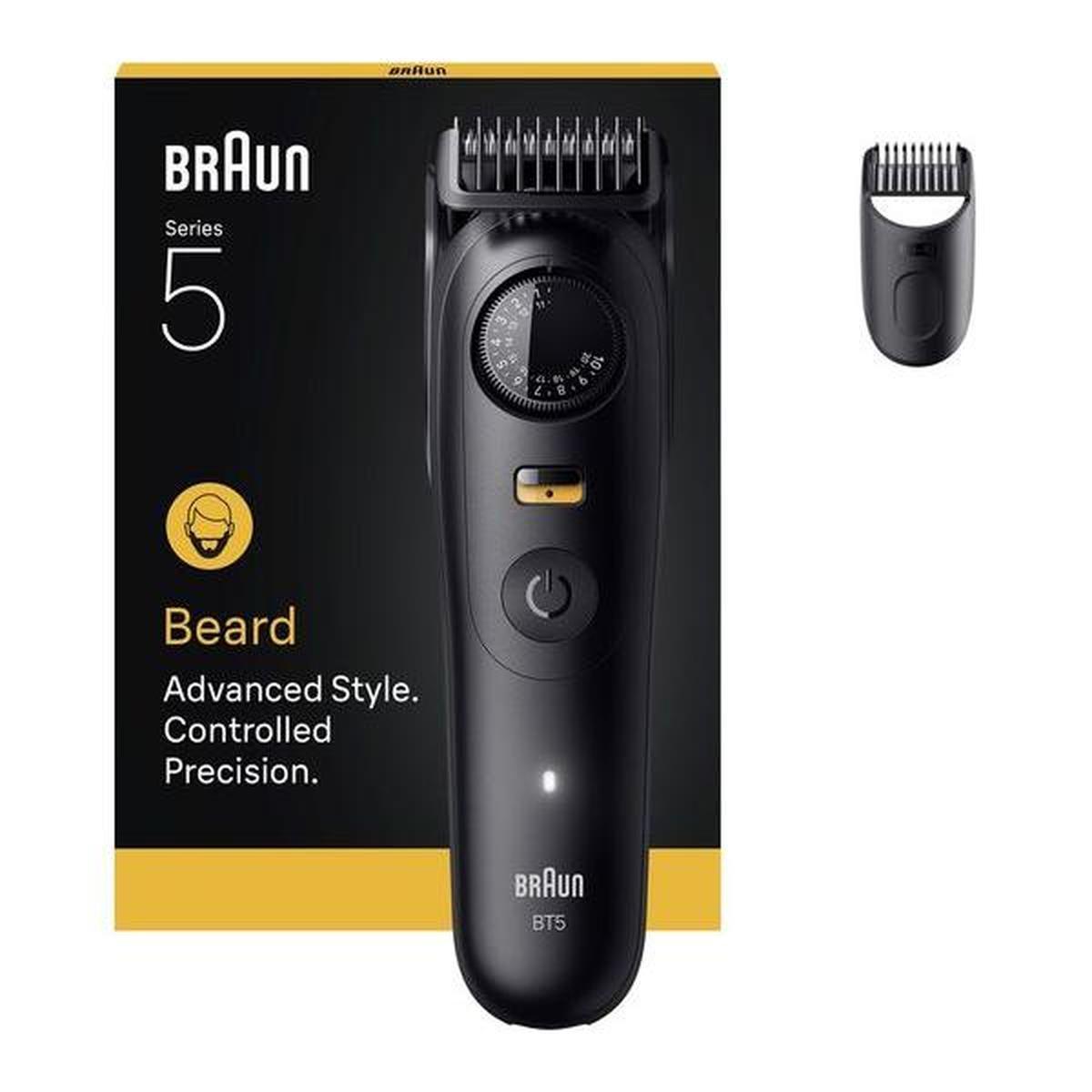 Black Braun Series 5 beard trimmer with a precision length dial, LED indicator, and detachable styling comb attachment.