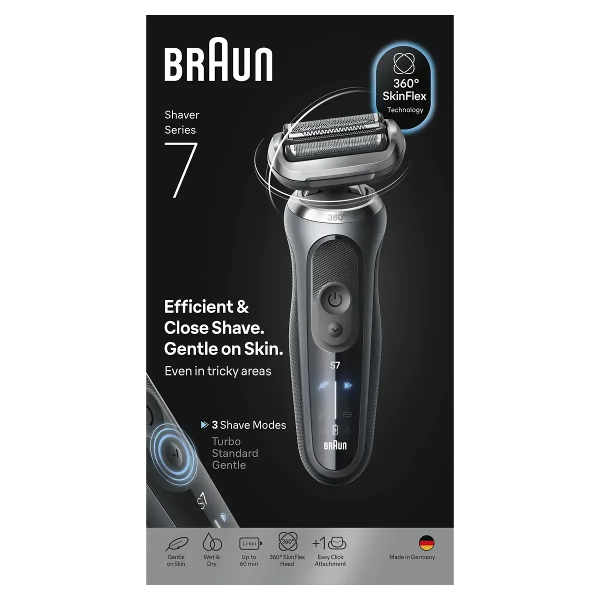 Grey Braun Series 7 electric shaver with 360-degree SkinFlex head and digital display on black promotional packaging.