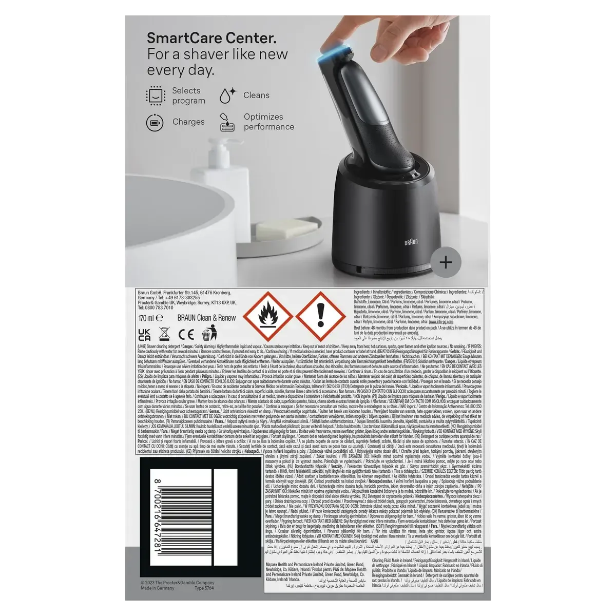 Braun Clean & Renew cleaning cartridge for electric shavers in a 170ml bottle with multi-language product information.