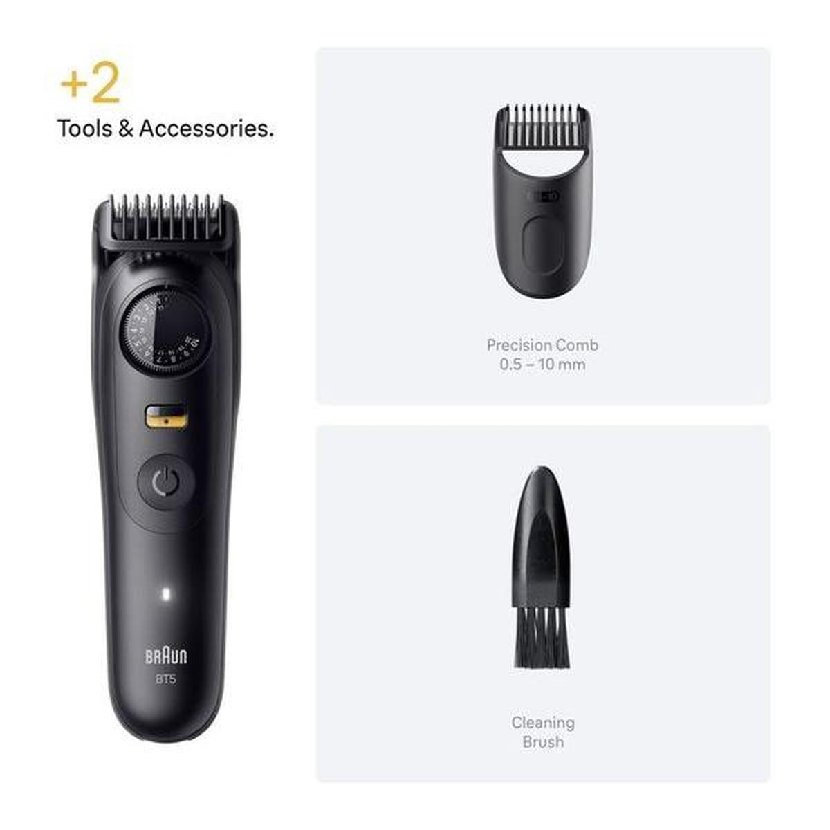 Black Braun Series 5 beard trimmer with precision dial, adjustable comb attachment, and cleaning brush on white background.