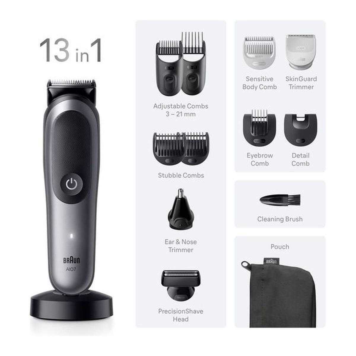 Grey Braun Series 7 13-in-1 multi groomer with various trimmer heads, adjustable combs, cleaning brush, and storage pouch.