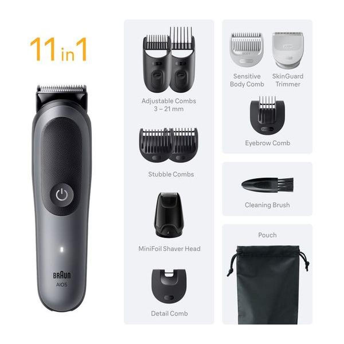 Grey Braun All-in-One Series 5 trimmer with 11 attachments, including adjustable combs, shaver heads, and a storage pouch.