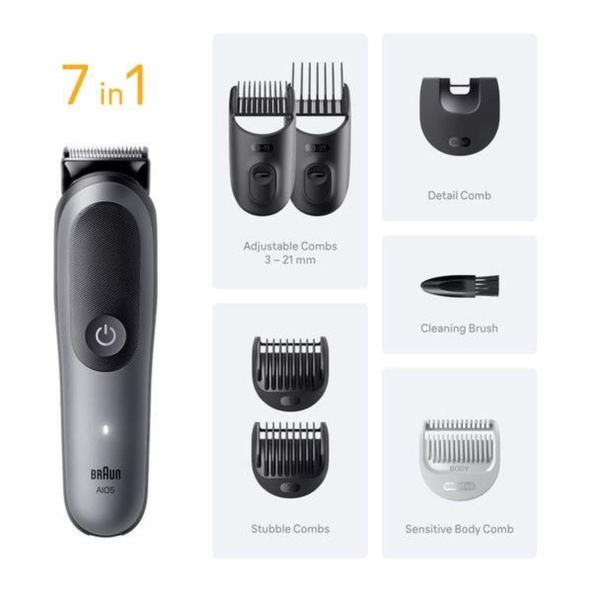 Grey Braun Series 5 7-in-1 wet and dry trimmer with adjustable combs, stubble attachments, and cleaning brush accessories.