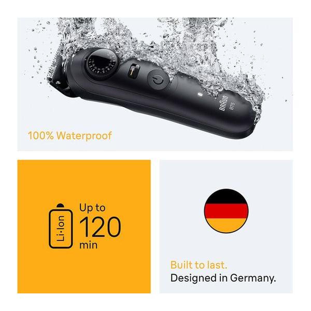 Black Braun Series 5 beard trimmer splashing in water, highlighting 120-minute battery life and German design.