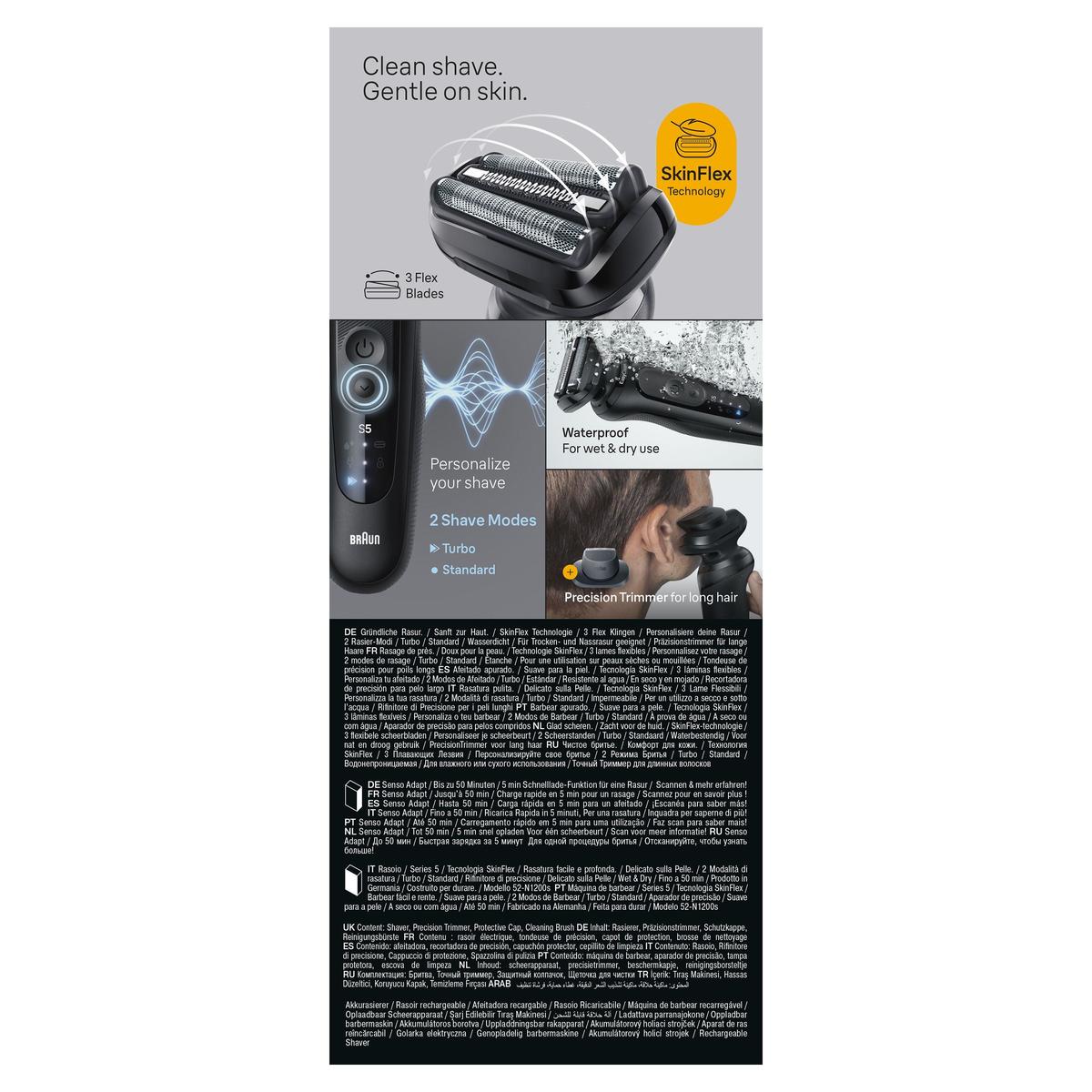 Black Braun Series 5 electric shaver with 3 Flex blades, precision trimmer attachment, and waterproof design features.