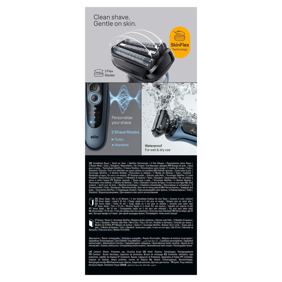 Azure Braun Series 5 electric shaver with 3 Flex blades, two shave modes, and waterproof design for wet and dry use.