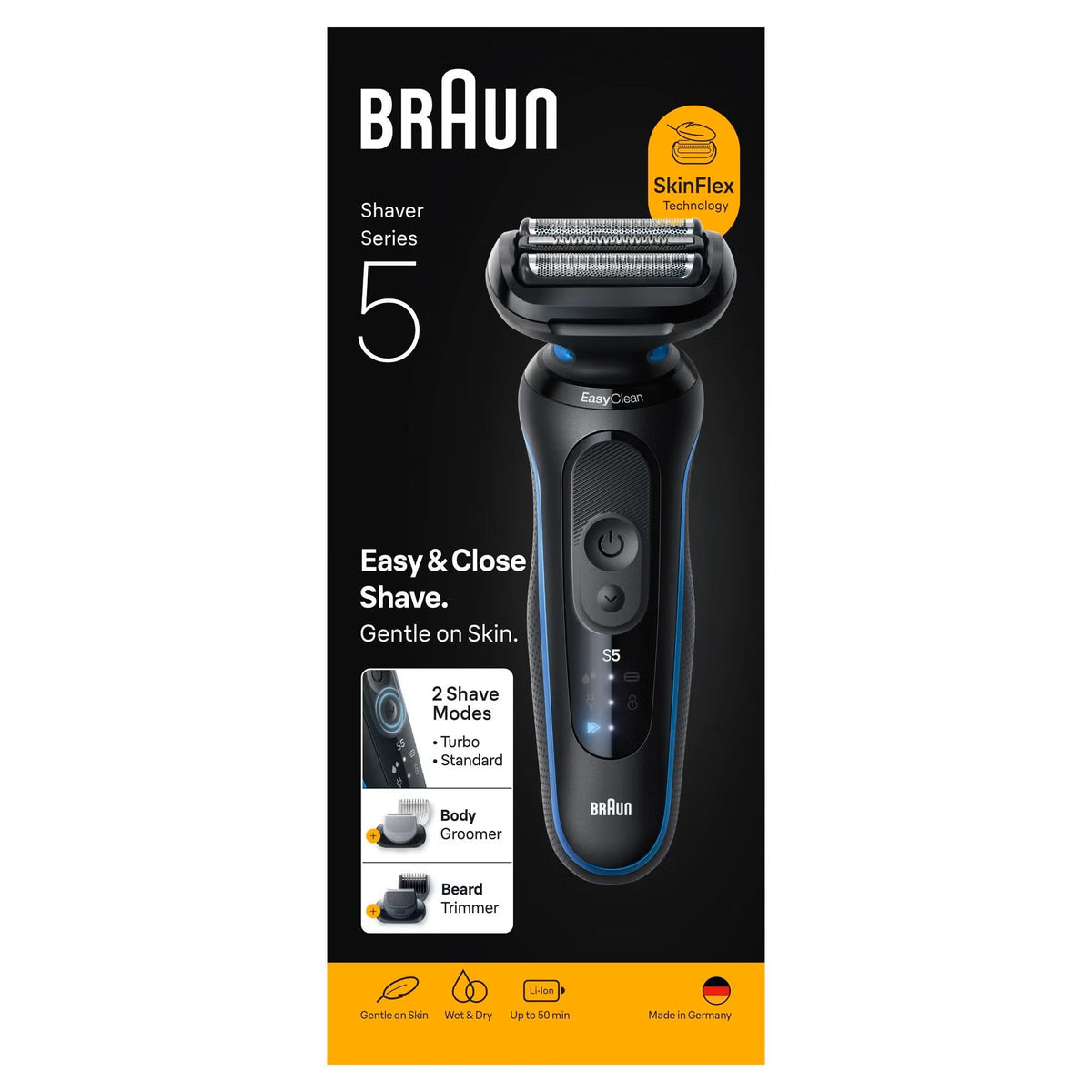 Blue Braun Series 5 electric shaver with 3 Flex blades, two grooming attachments, and digital display on product packaging.
