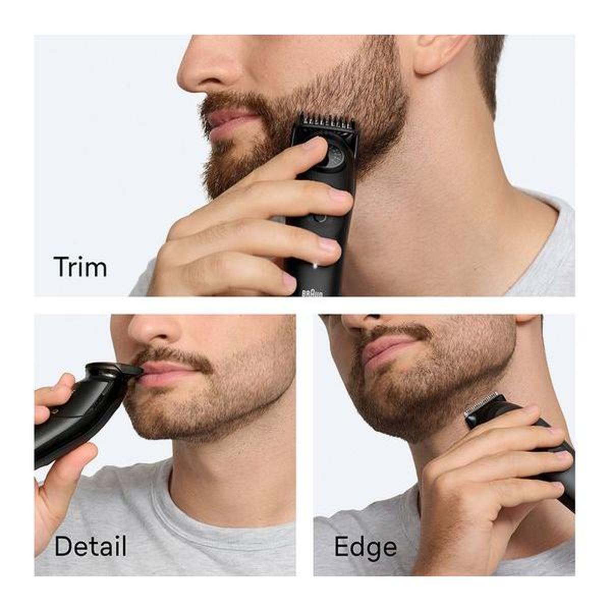 Man using a black Braun Series 5 beard trimmer to trim, detail, and edge his facial hair for a precise look.